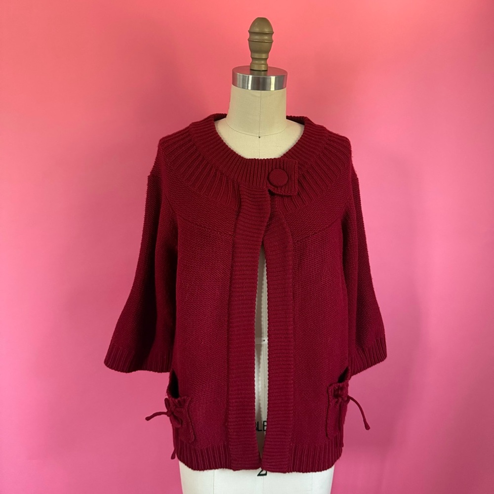 🌈4/$20🌈 Vintage 90s CottageCore Coquette Red Knit Cardigan w/Bow Details L